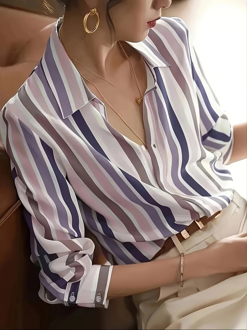 Camisa Feminina com Riscas e Design Color Block Sofisticado - Blue&Pink