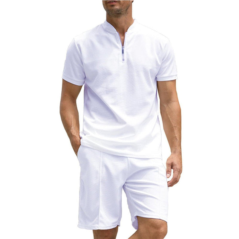 Men's Solid Color Polo Shirt Suit Short Sleeve Two - piece Set - Blue&Pink