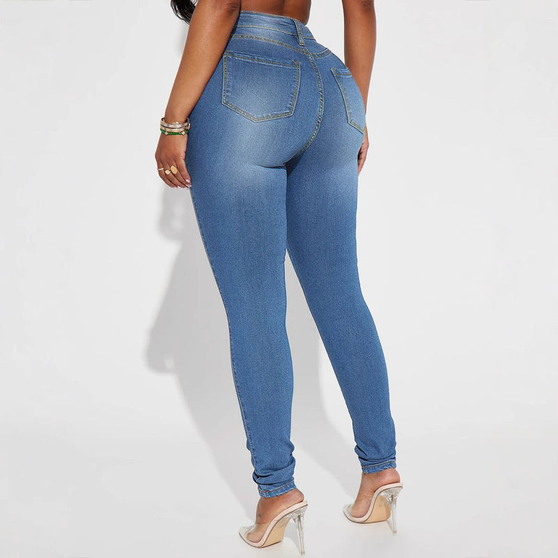 Women's High Waist Slim - fit Pure Elastic Slimming Jeans - Blue&Pink