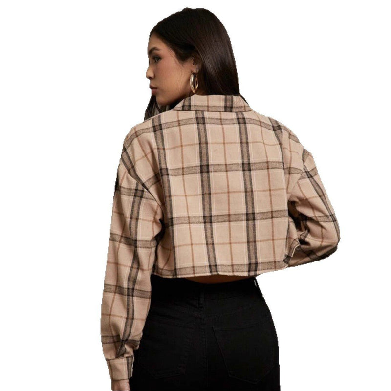 European And American Women's Clothing Short Long Sleeve Plaid Cropped Hot Girl Lapel Shirt - Blue&Pink