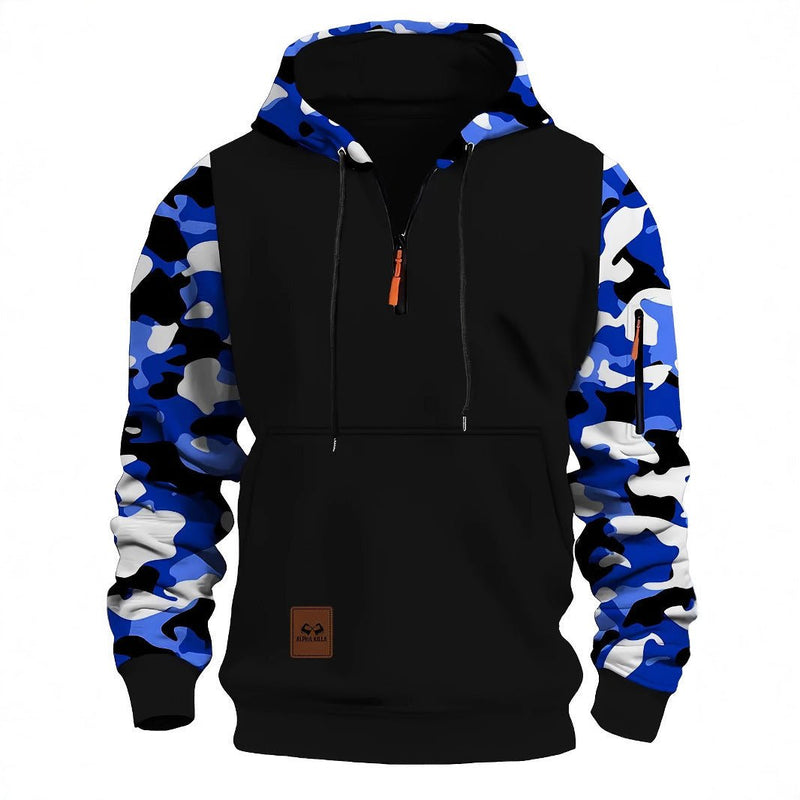 Stitching Hooded Men's Fashion Camouflage American Vintage Zipper Sweater - Blue&Pink