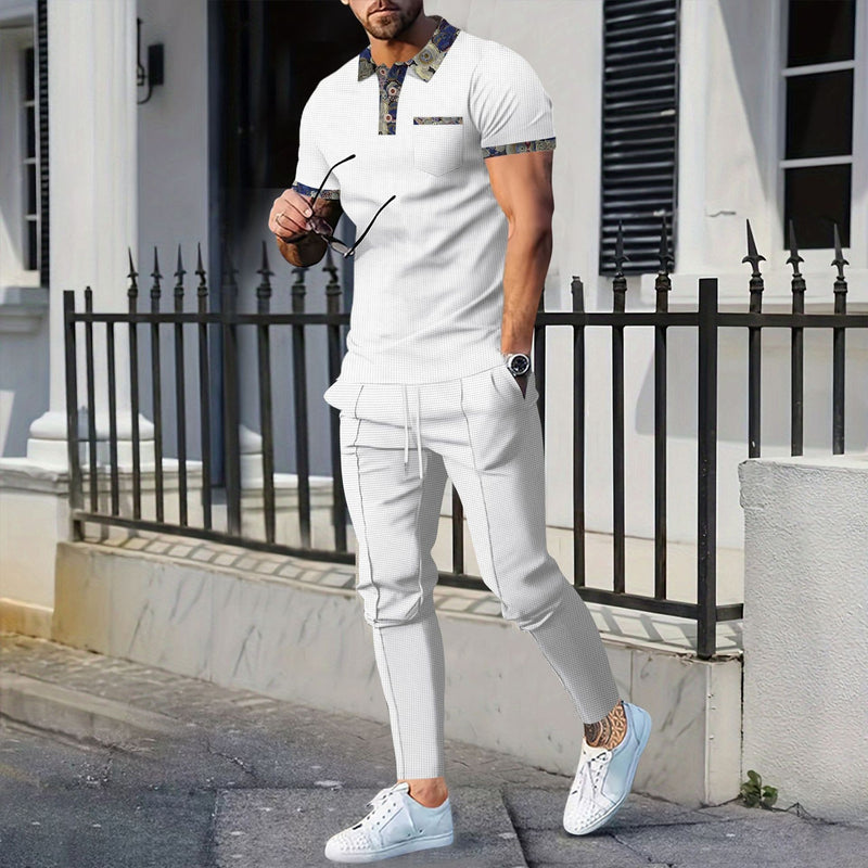 Men's Waffle Lapel Color Matching Pocket Short Sleeve Trousers Suit - Blue&Pink
