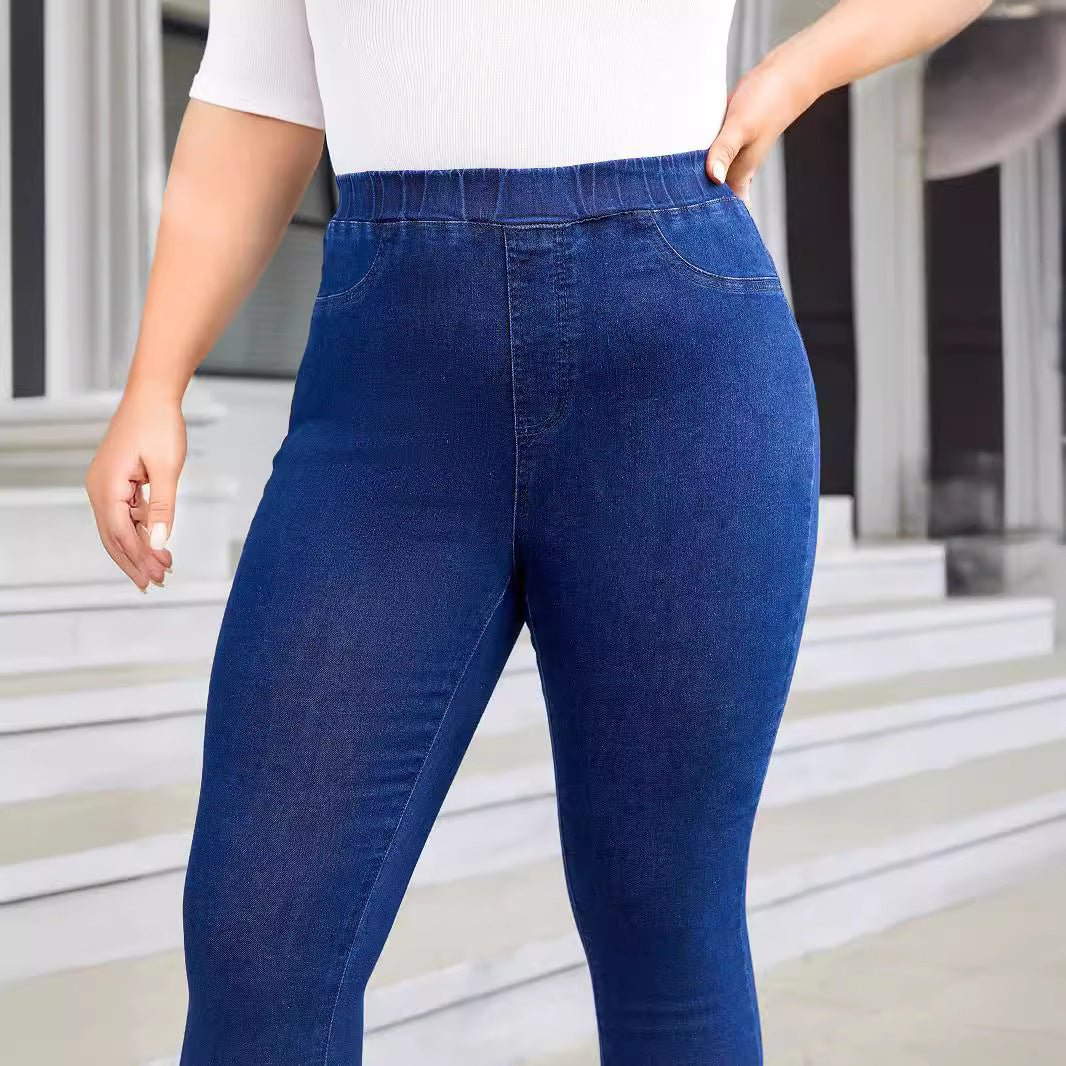 Plus Size Denim Elastic Waist Cropped Skinny Pants Elastic - Blue&Pink