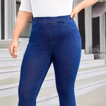 Plus Size Denim Elastic Waist Cropped Skinny Pants Elastic - Blue&Pink