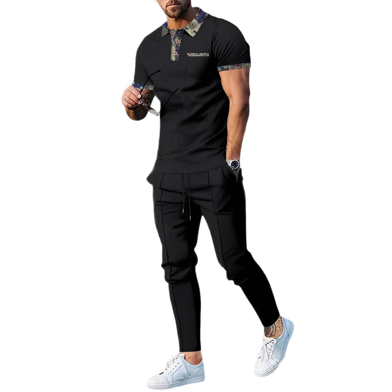 Men's Waffle Lapel Color Matching Pocket Short Sleeve Trousers Suit - Blue&Pink
