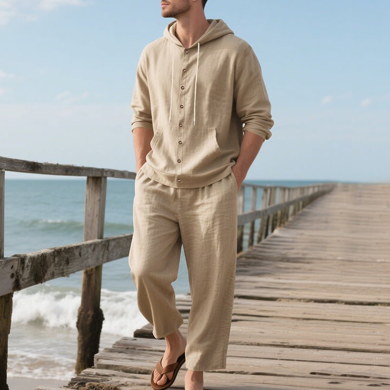 Hooded Long - sleeved Shirt Trousers Casual Suit Men - Blue&Pink