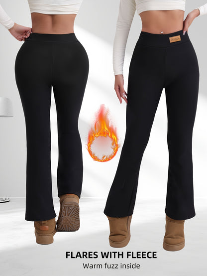 Calça boca de sino de cintura alta em fleece elástico para o inverno