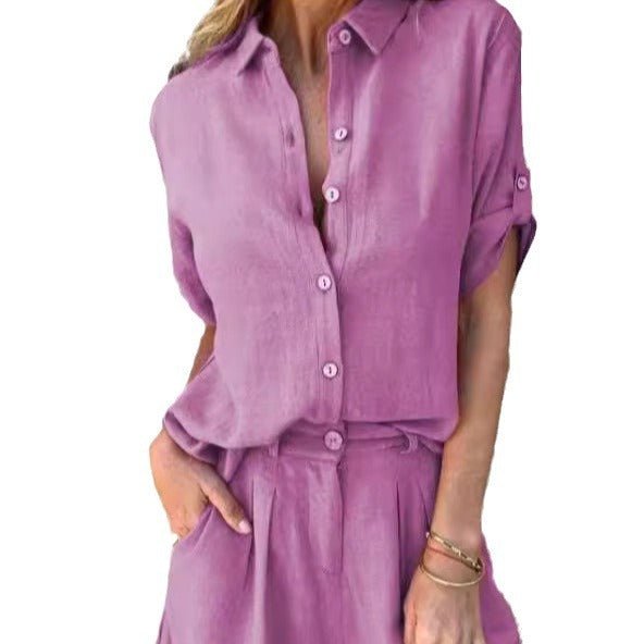 Short - sleeved Suits Fashion Lapel Button Shirt Top And Pocket Shorts Women's Clothing - Blue&Pink