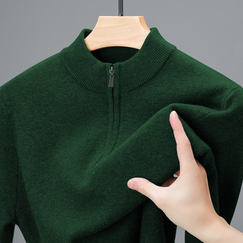 Men's Half - high Collar Zipper Sweater Middle - aged Men's Thickened Keep Warm Pure Color Sweater - Blue&Pink