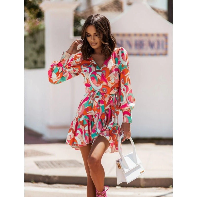 Long Sleeve V - neck Printed Waist - controlled Skirt Dress - Blue&Pink