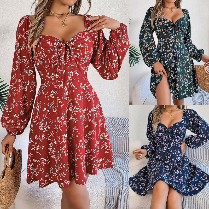 Casual Lace Up Square Collar Floral Print Long Sleeve A - Line Dress - Blue&Pink