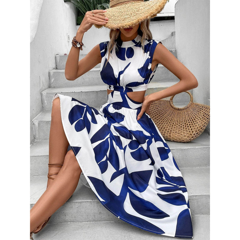 Round Neck Short Sleeve High Waist Plant Flower Print Women Dress - Blue&Pink