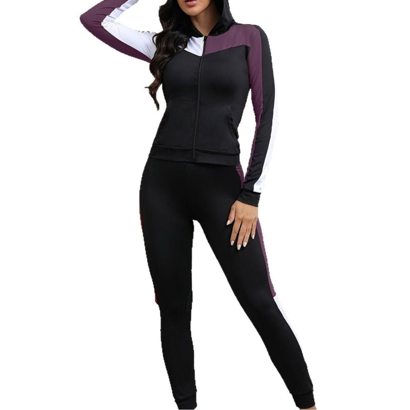 Women's Fashion Popular Stitching Hooded Jacket Yoga Leggings Two - piece Set - Blue&Pink