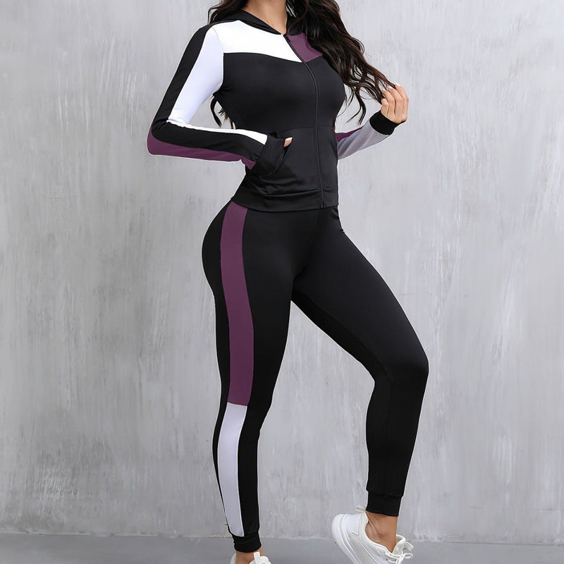 Women's Fashion Popular Stitching Hooded Jacket Yoga Leggings Two - piece Set - Blue&Pink