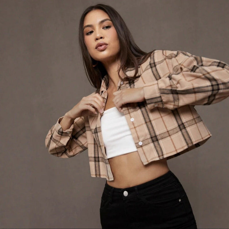 European And American Women's Clothing Short Long Sleeve Plaid Cropped Hot Girl Lapel Shirt - Blue&Pink