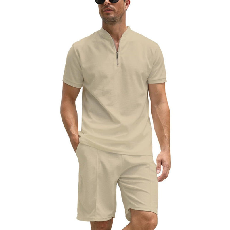 Men's Solid Color Polo Shirt Suit Short Sleeve Two - piece Set - Blue&Pink