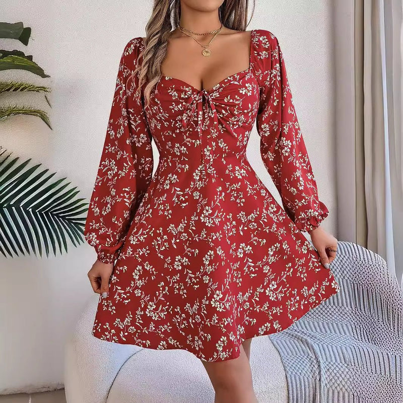 Casual Lace Up Square Collar Floral Print Long Sleeve A - Line Dress - Blue&Pink
