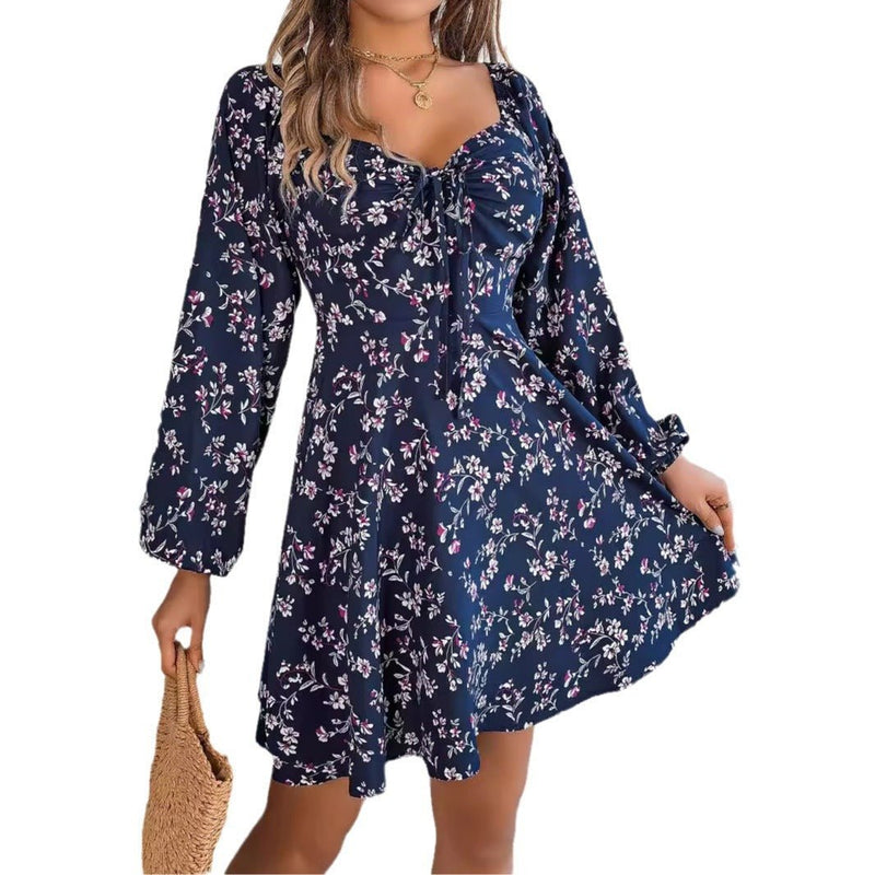 Casual Lace Up Square Collar Floral Print Long Sleeve A - Line Dress - Blue&Pink