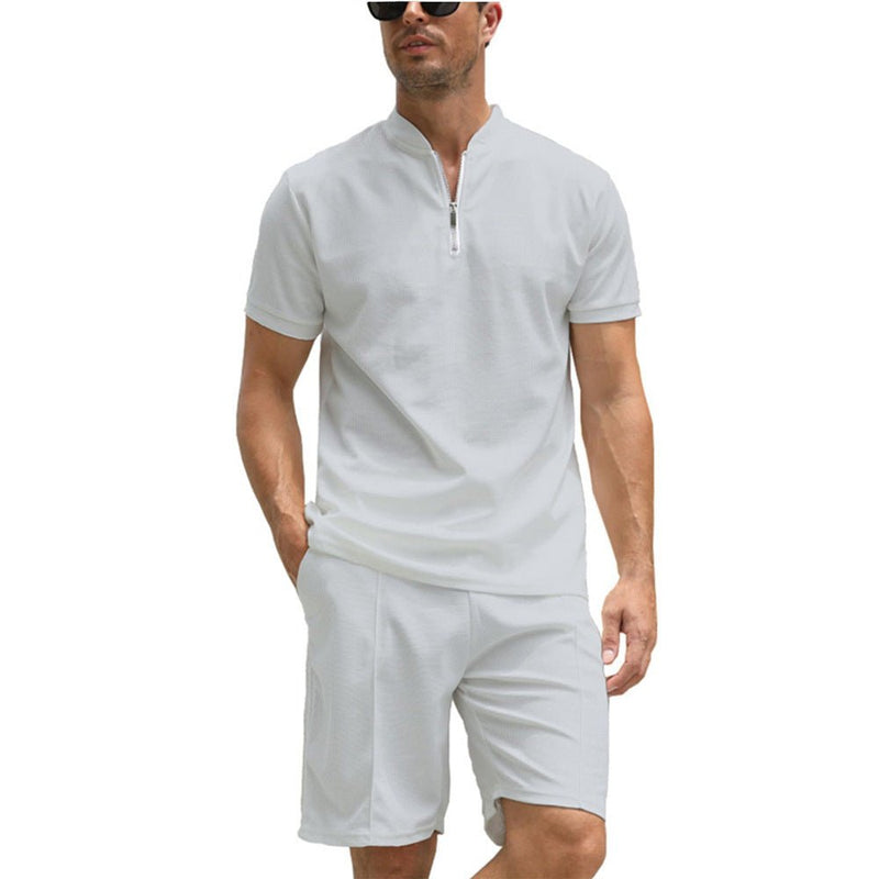 Men's Solid Color Polo Shirt Suit Short Sleeve Two - piece Set - Blue&Pink