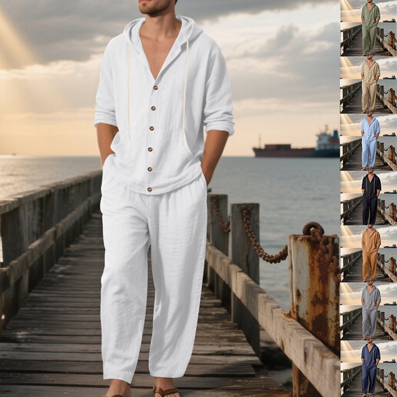 Hooded Long - sleeved Shirt Trousers Casual Suit Men - Blue&Pink