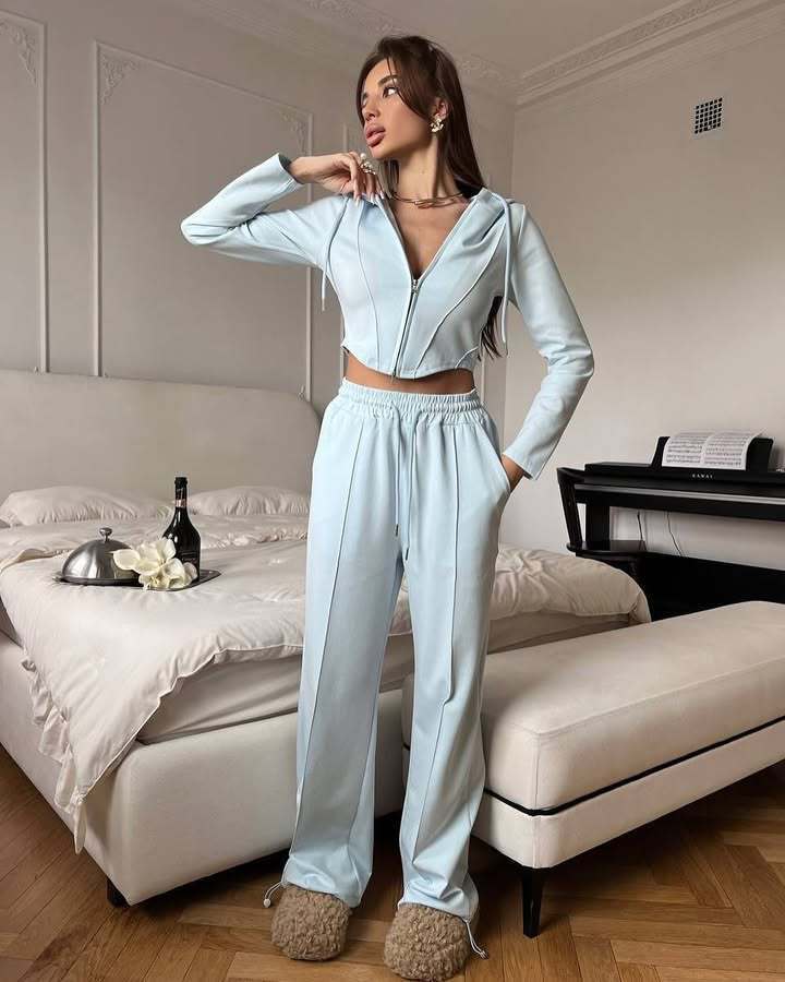 European And American Leisure Women's Suit Solid Color Long Sleeve - Blue&Pink