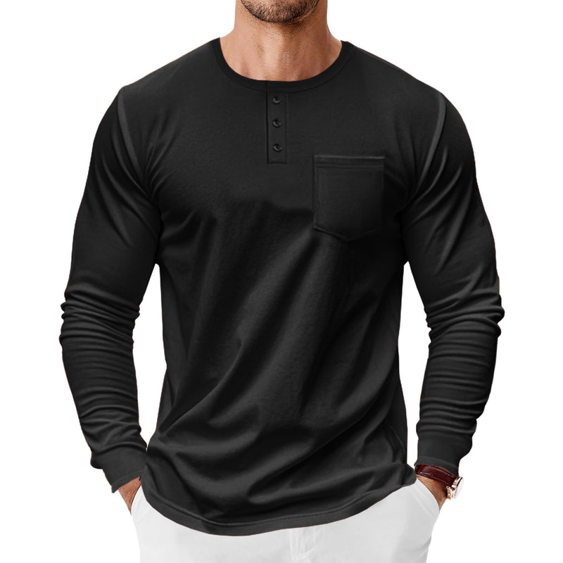 Men's Spring And Autumn Henley Shirt Long Sleeve - Blue&Pink