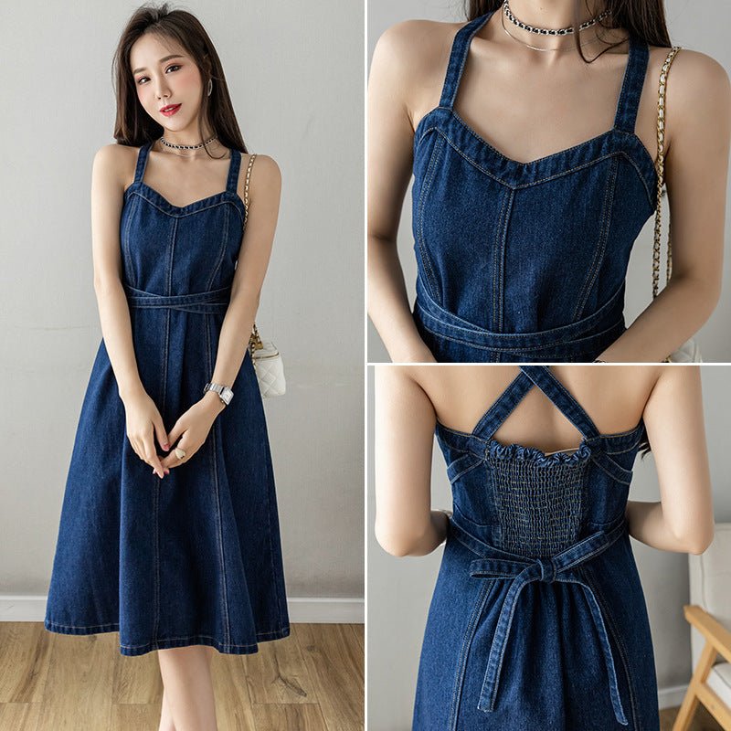 Summer Plus Size Waist Trimming Denim Suspender Skirt - Blue&Pink