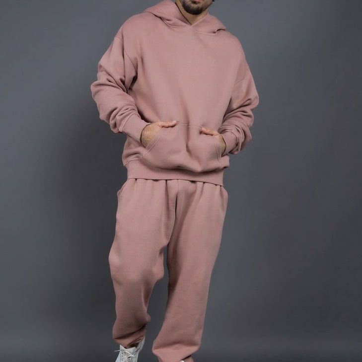 Men's Casual Loose Solid Color Hooded Sweatshirt Pants - Blue&Pink