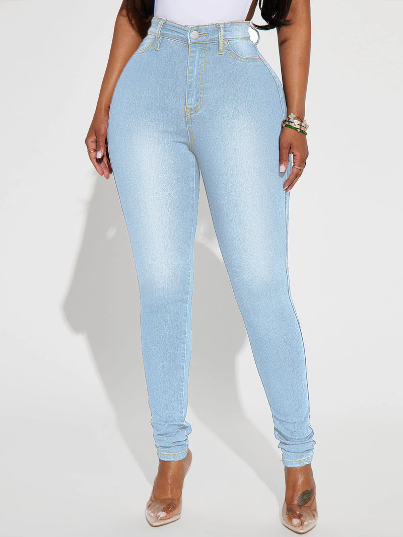 Women's High Waist Slim - fit Pure Elastic Slimming Jeans - Blue&Pink