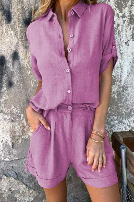 Short - sleeved Suits Fashion Lapel Button Shirt Top And Pocket Shorts Women's Clothing - Blue&Pink