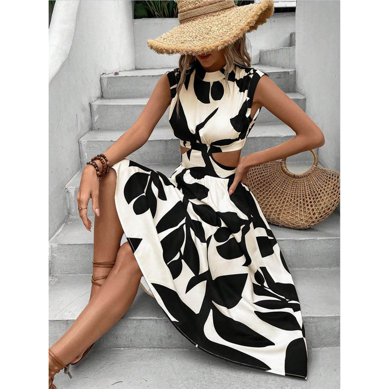 Round Neck Short Sleeve High Waist Plant Flower Print Women Dress - Blue&Pink