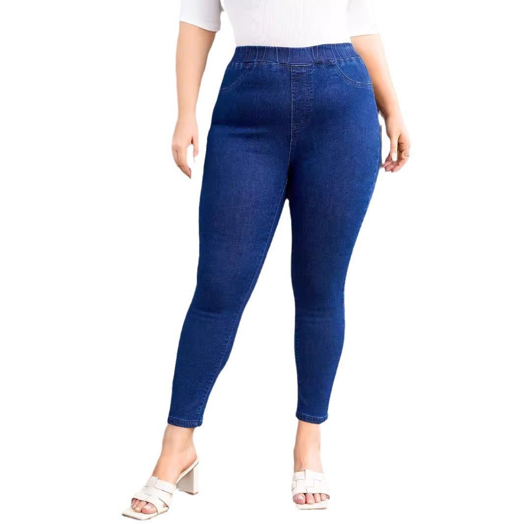 Plus Size Denim Elastic Waist Cropped Skinny Pants Elastic - Blue&Pink