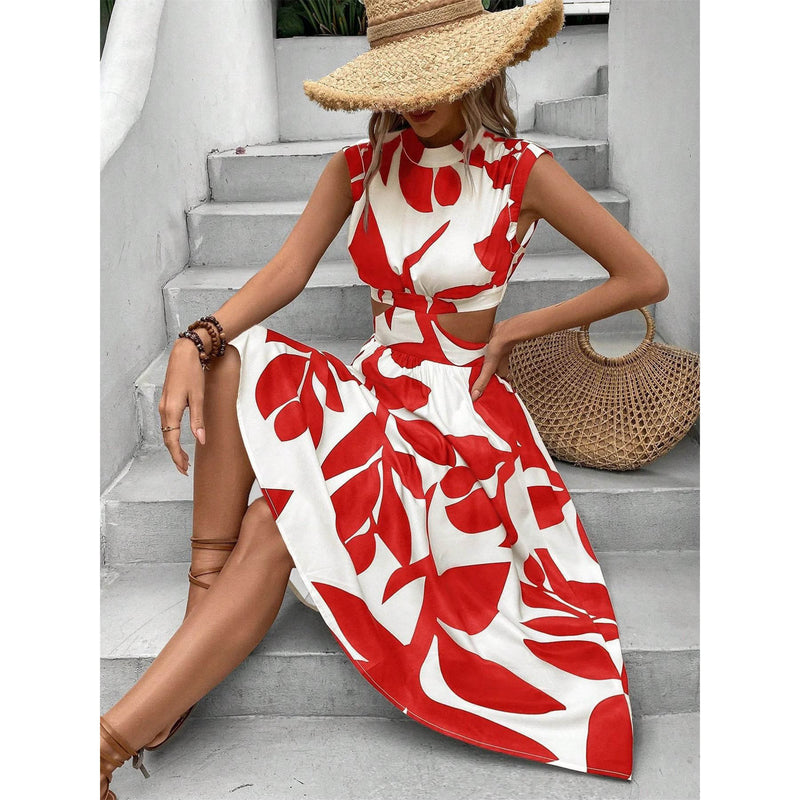 Round Neck Short Sleeve High Waist Plant Flower Print Women Dress - Blue&Pink