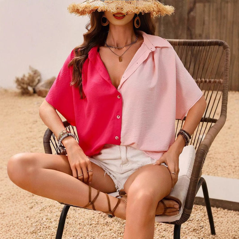 Camisa Fenda Lateral Estilo Solto, Elegância Natural - Blue&Pink