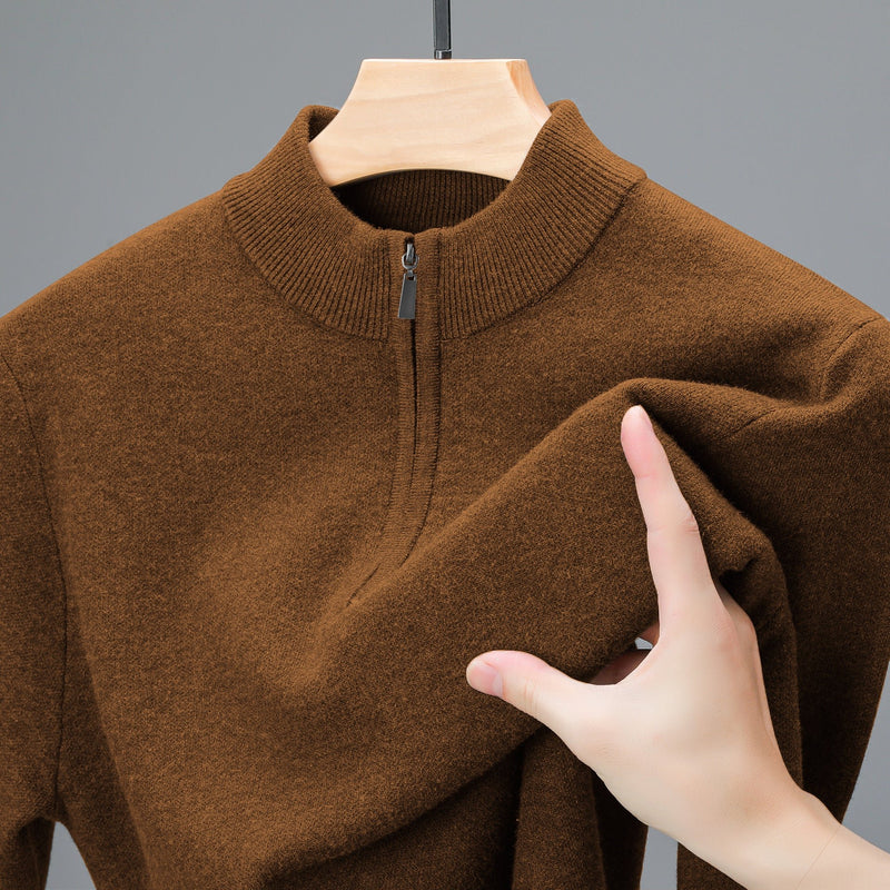 Men's Half - high Collar Zipper Sweater Middle - aged Men's Thickened Keep Warm Pure Color Sweater - Blue&Pink