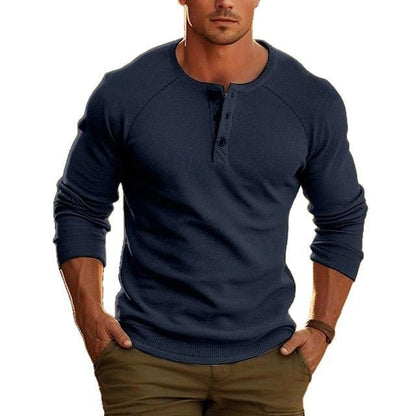 Men's Bottoming Shirt Henry Collar Long - sleeved T-shirt - Blue&Pink