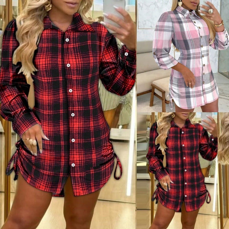 Two - side Drawstring Plaid Shirt Dress Women's Clothing - Blue&Pink
