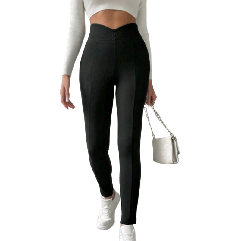 Brushed Leggings V - Waist Button Casual Pants For Women Plus Fleece Outerwear Commuter Pants - Blue&Pink