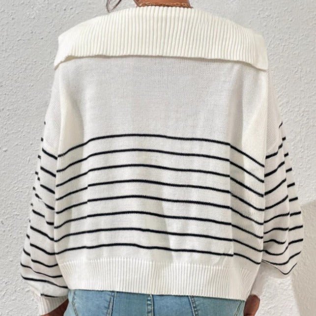 Fashion Striped Contrast Color Long Sleeves Simple Loose And Idle Polo Collar Top - Blue&Pink