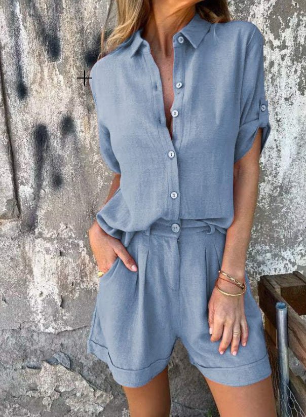 Short - sleeved Suits Fashion Lapel Button Shirt Top And Pocket Shorts Women's Clothing - Blue&Pink