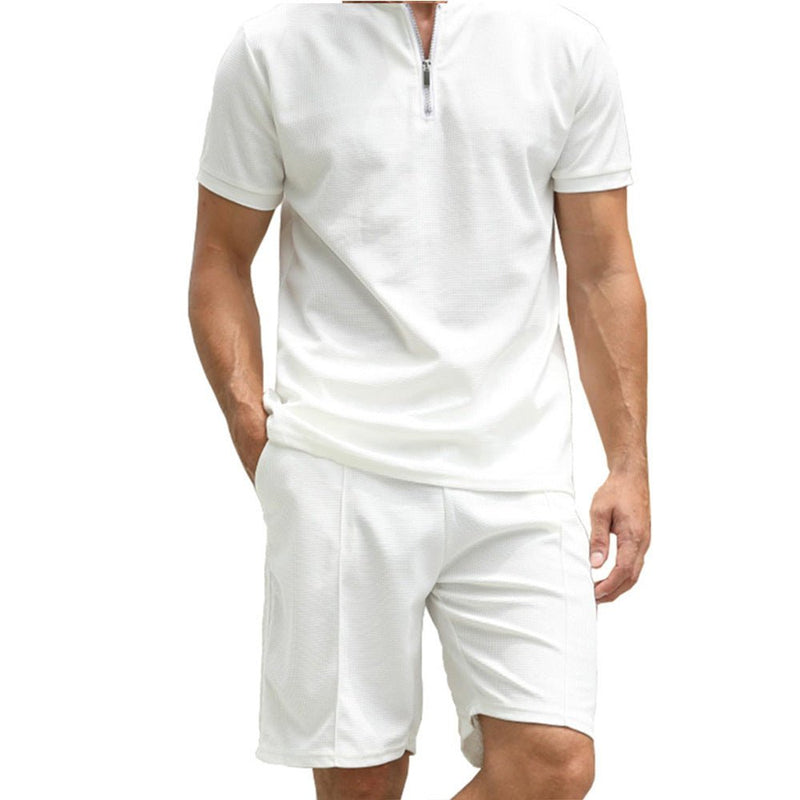Men's Solid Color Polo Shirt Suit Short Sleeve Two - piece Set - Blue&Pink