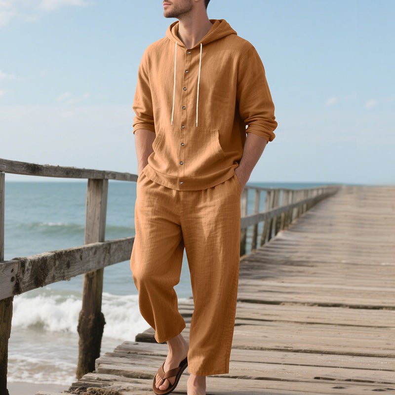 Hooded Long - sleeved Shirt Trousers Casual Suit Men - Blue&Pink
