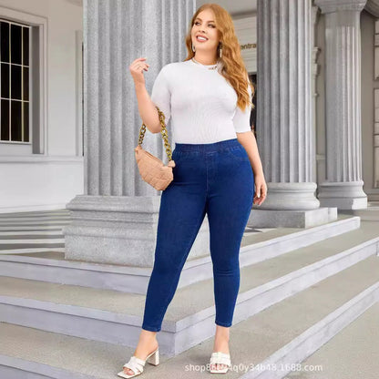 Plus Size Denim Elastic Waist Cropped Skinny Pants Elastic - Blue&Pink