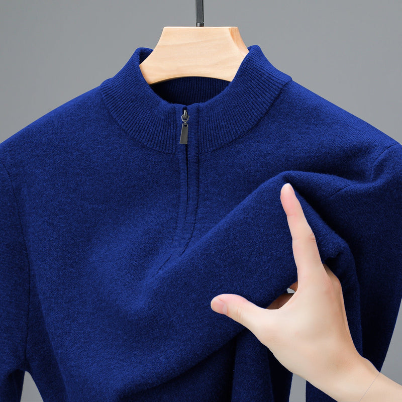 Men's Half - high Collar Zipper Sweater Middle - aged Men's Thickened Keep Warm Pure Color Sweater - Blue&Pink