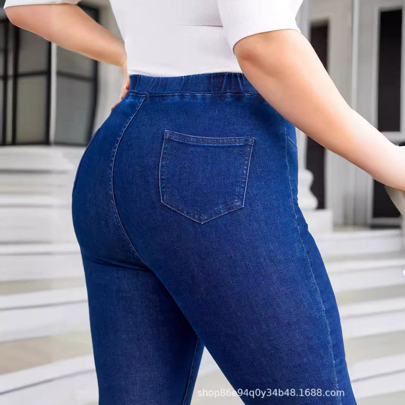 Plus Size Denim Elastic Waist Cropped Skinny Pants Elastic - Blue&Pink