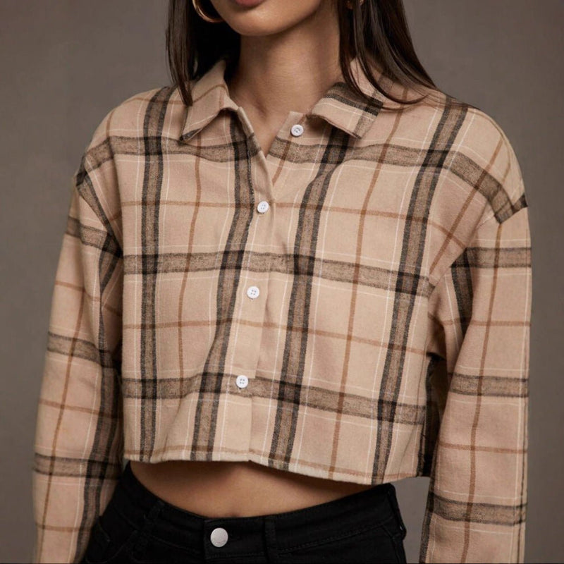 European And American Women's Clothing Short Long Sleeve Plaid Cropped Hot Girl Lapel Shirt - Blue&Pink
