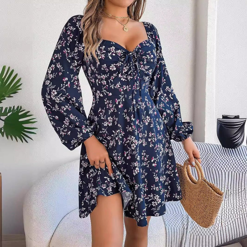 Casual Lace Up Square Collar Floral Print Long Sleeve A - Line Dress - Blue&Pink
