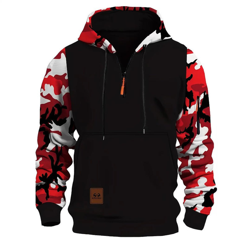 Stitching Hooded Men's Fashion Camouflage American Vintage Zipper Sweater - Blue&Pink