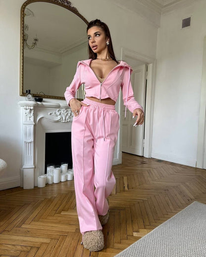 European And American Leisure Women's Suit Solid Color Long Sleeve - Blue&Pink