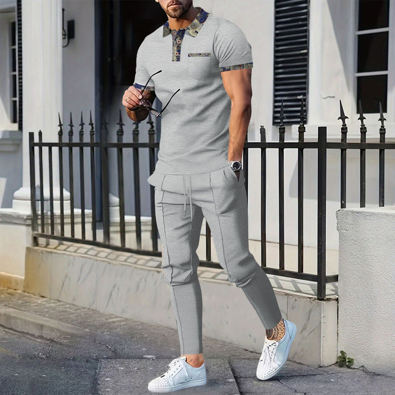 Men's Waffle Lapel Color Matching Pocket Short Sleeve Trousers Suit - Blue&Pink